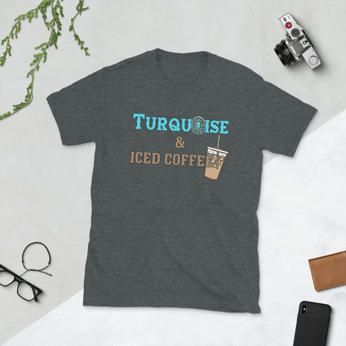 Custom Turquoise and Iced Coffee Retro Graphic Short-Sleeve Unisex T-Shirt