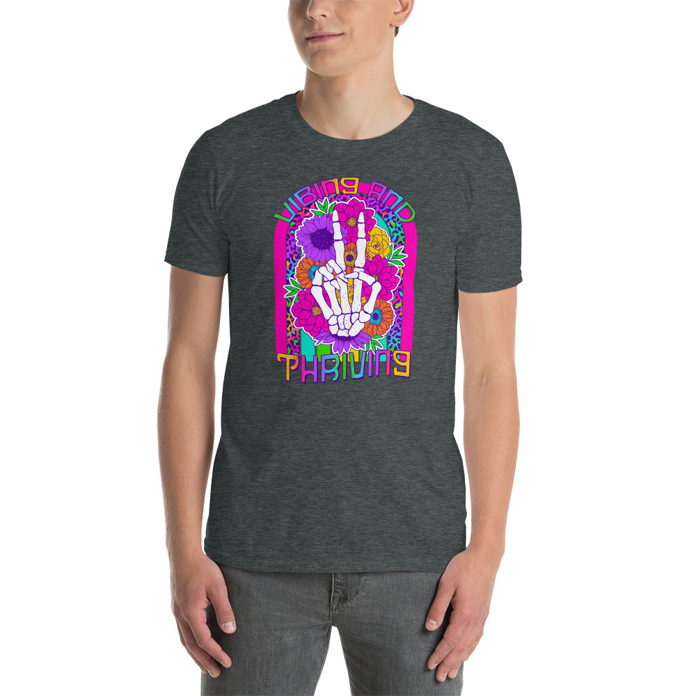 Custom Vibing and Thriving Skeleton Retro Graphic Short-Sleeve Unisex T-Shirt