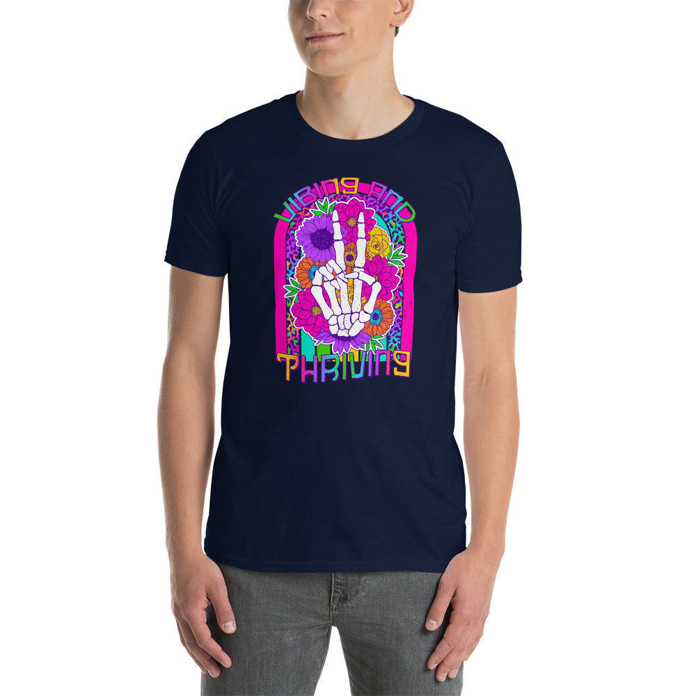 Custom Vibing and Thriving Skeleton Retro Graphic Short-Sleeve Unisex T-Shirt