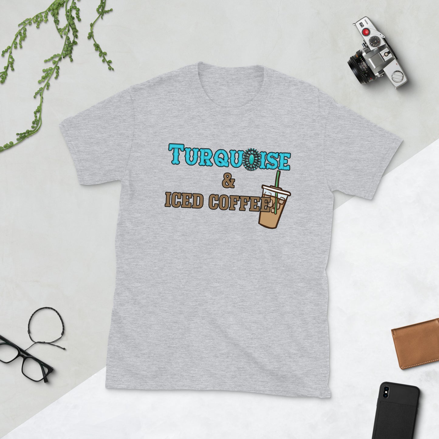 Custom Turquoise and Iced Coffee Retro Graphic Short-Sleeve Unisex T-Shirt