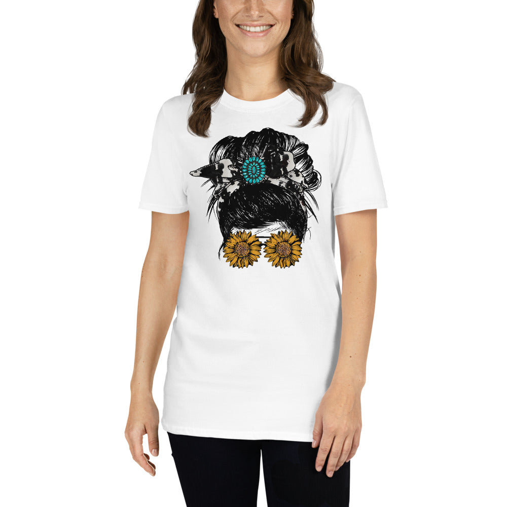 Custom Girl Bun Turquoise Cow Print Sunflower Retro Graphic Short-Sleeve Unisex T-Shirt