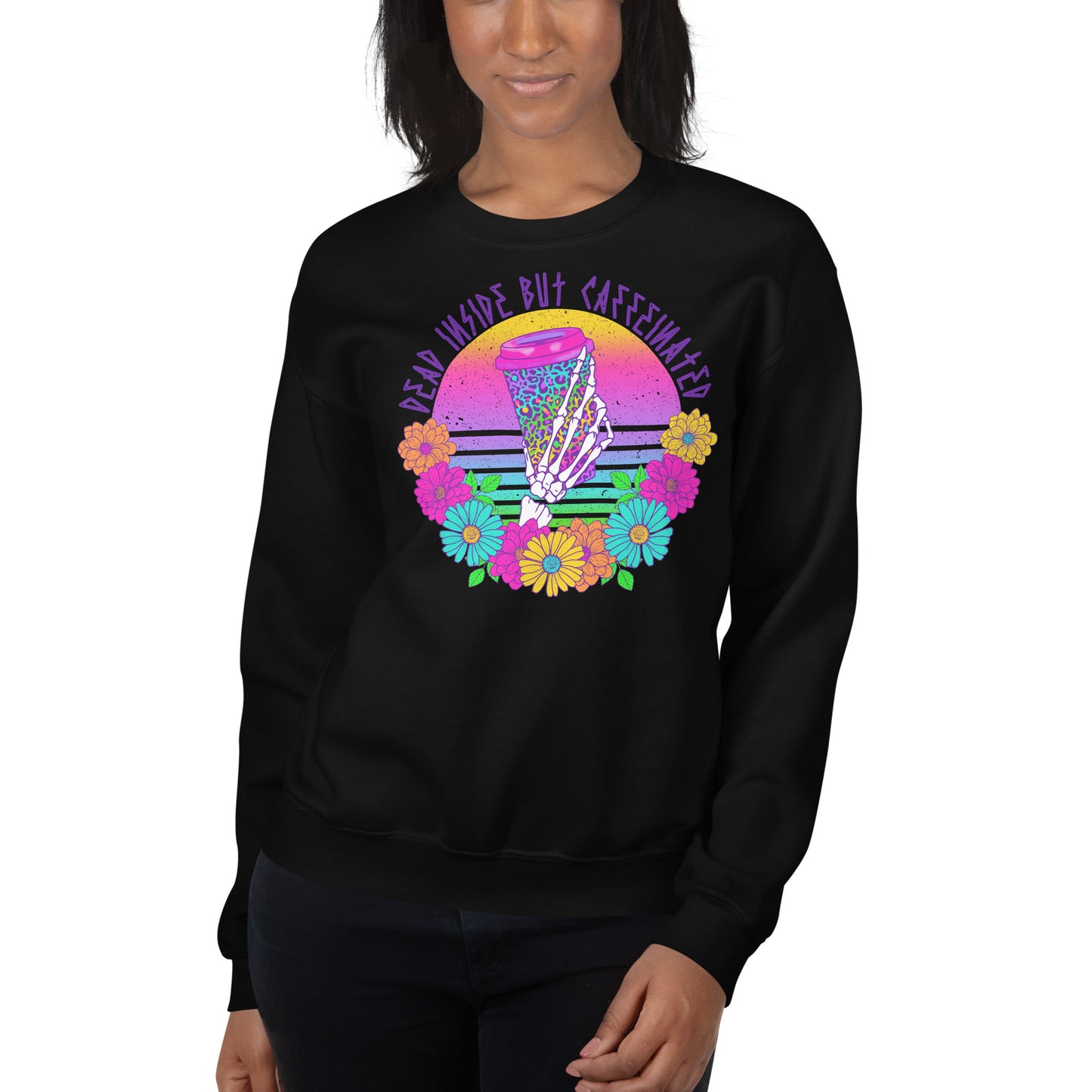 Custom Dead Inside But Caffeinated Floral Leopard Retro Graphic Unisex Sweatshirt
