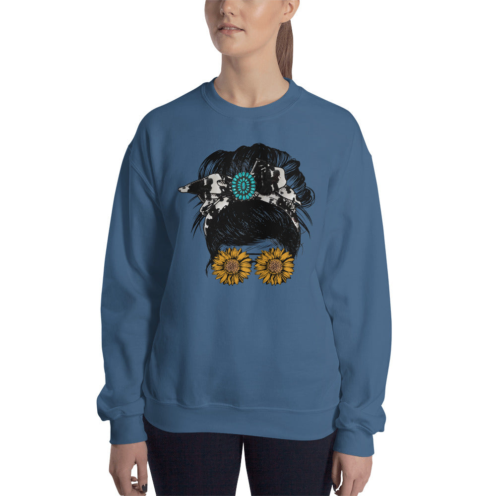 Custom Girl Bun Turquoise Cow Print Sunflower Retro Graphic Unisex Sweatshirt