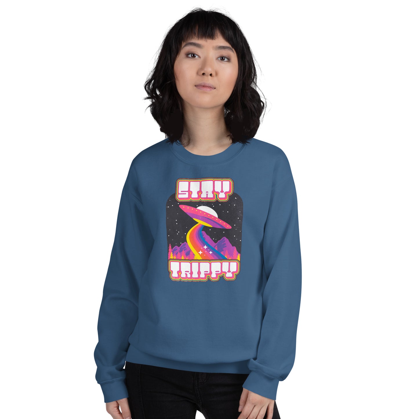 Custom Stay Trippy Space Alien Retro Graphic Unisex Sweatshirt