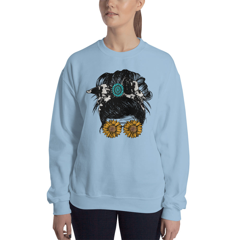 Custom Girl Bun Turquoise Cow Print Sunflower Retro Graphic Unisex Sweatshirt