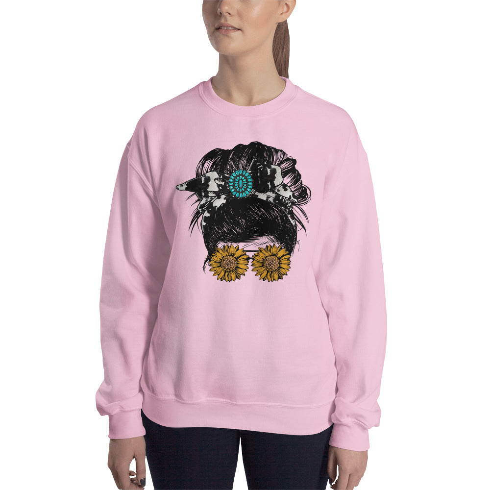 Custom Girl Bun Turquoise Cow Print Sunflower Retro Graphic Unisex Sweatshirt