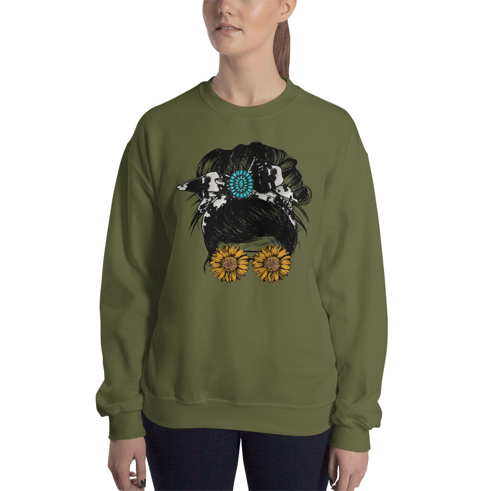 Custom Girl Bun Turquoise Cow Print Sunflower Retro Graphic Unisex Sweatshirt