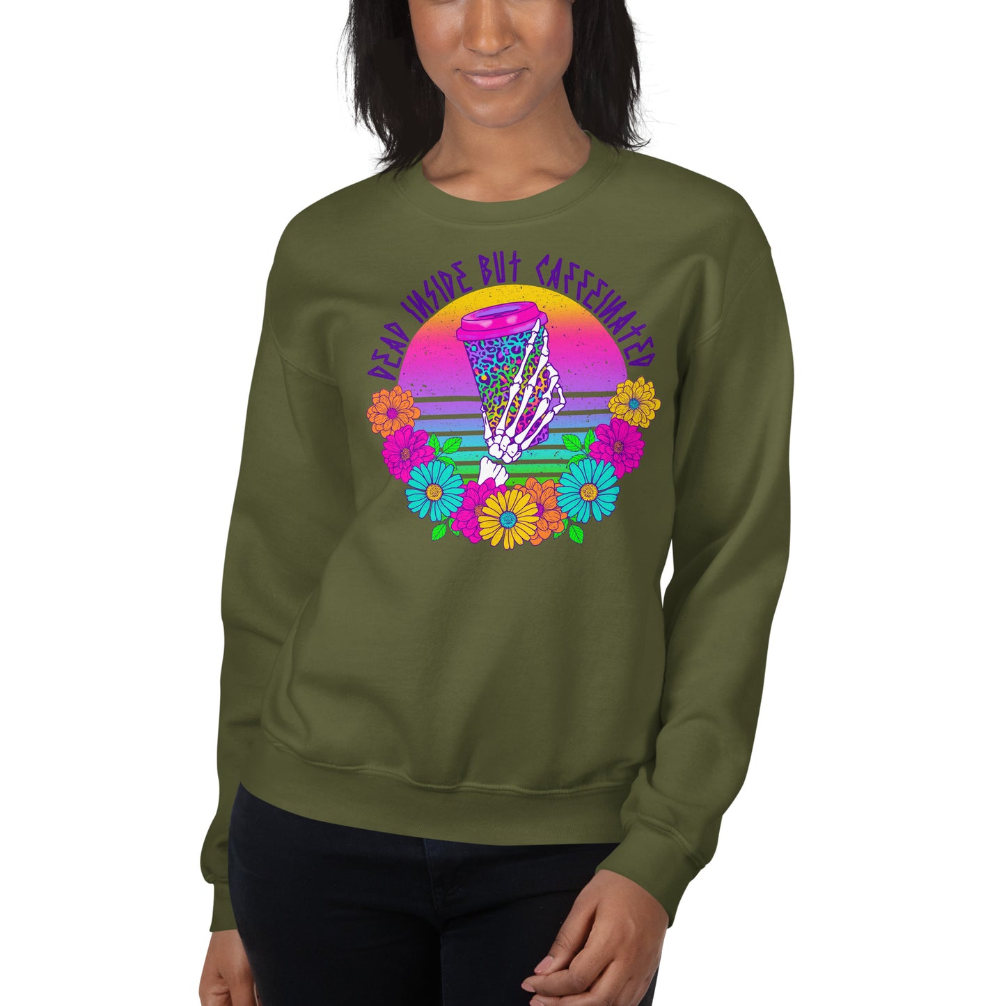 Custom Dead Inside But Caffeinated Floral Leopard Retro Graphic Unisex Sweatshirt