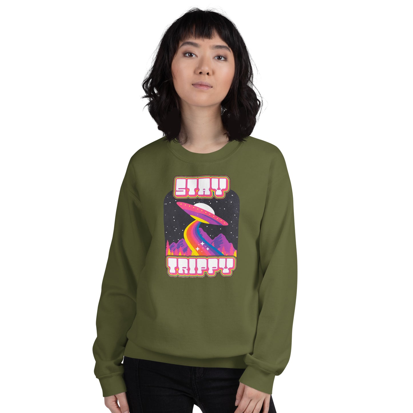 Custom Stay Trippy Space Alien Retro Graphic Unisex Sweatshirt