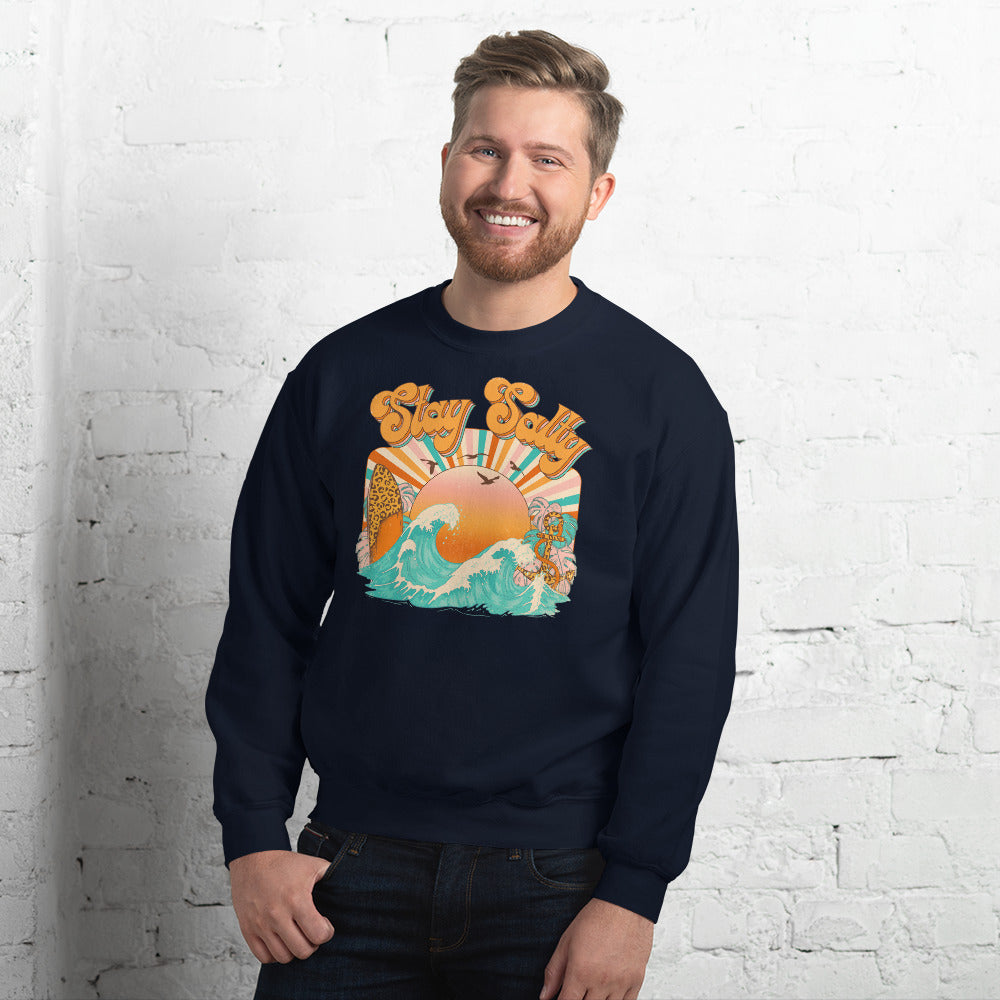 Custom Stay Salty Leopard Surf Retro Graphic Unisex Sweatshirt