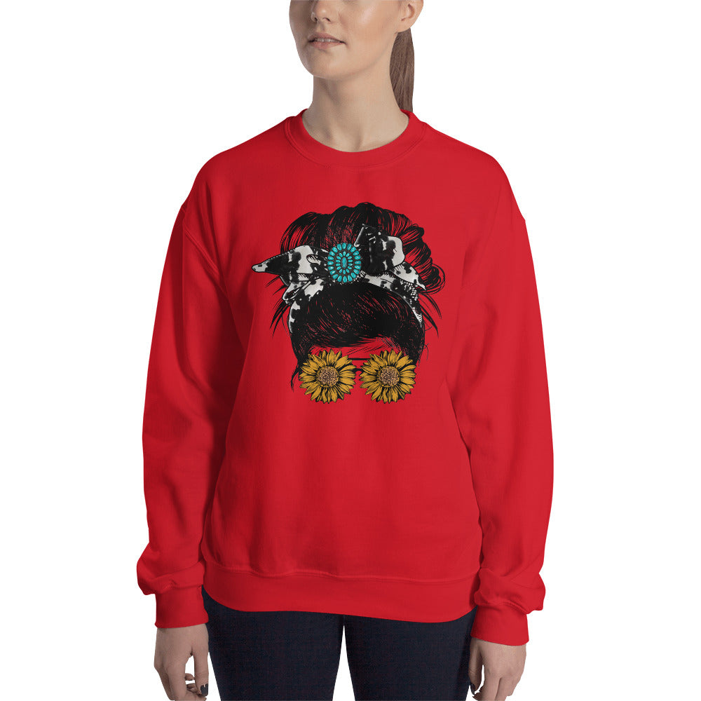 Custom Girl Bun Turquoise Cow Print Sunflower Retro Graphic Unisex Sweatshirt