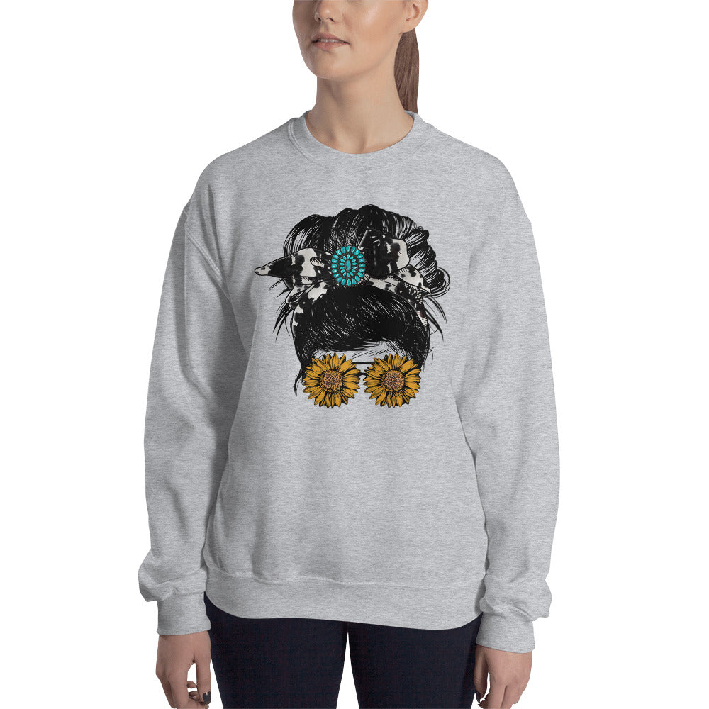 Custom Girl Bun Turquoise Cow Print Sunflower Retro Graphic Unisex Sweatshirt