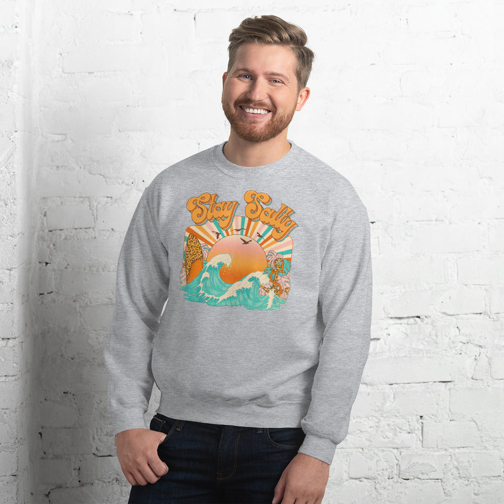 Custom Stay Salty Leopard Surf Retro Graphic Unisex Sweatshirt