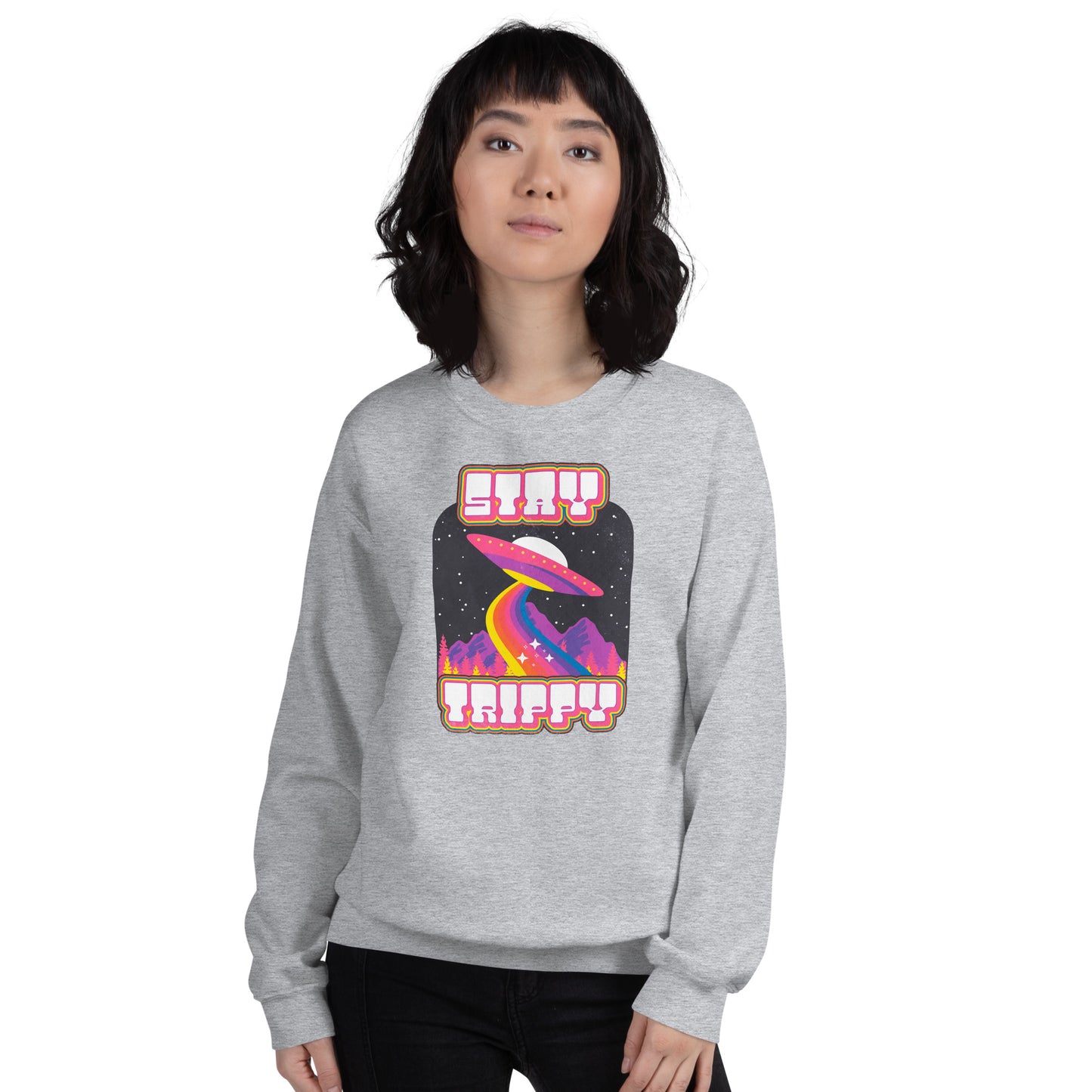 Custom Stay Trippy Space Alien Retro Graphic Unisex Sweatshirt