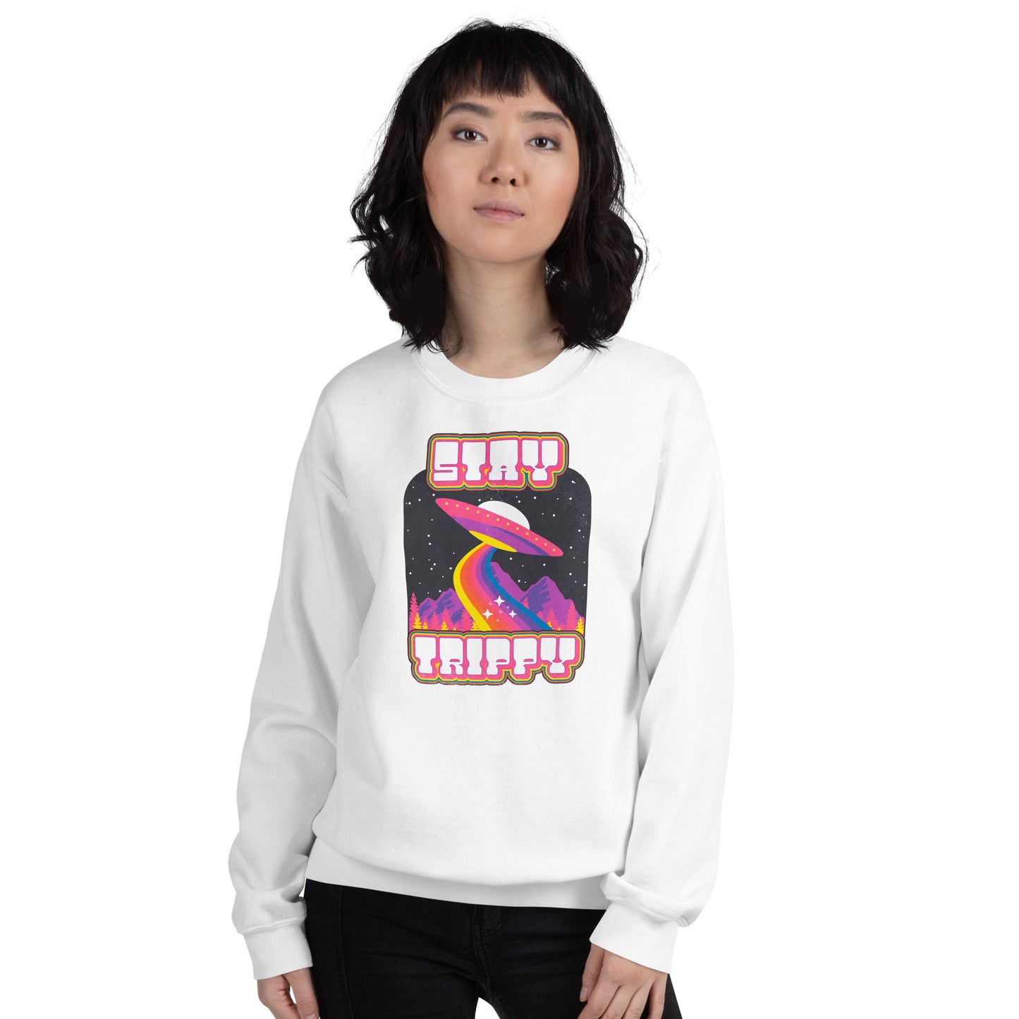 Custom Stay Trippy Space Alien Retro Graphic Unisex Sweatshirt