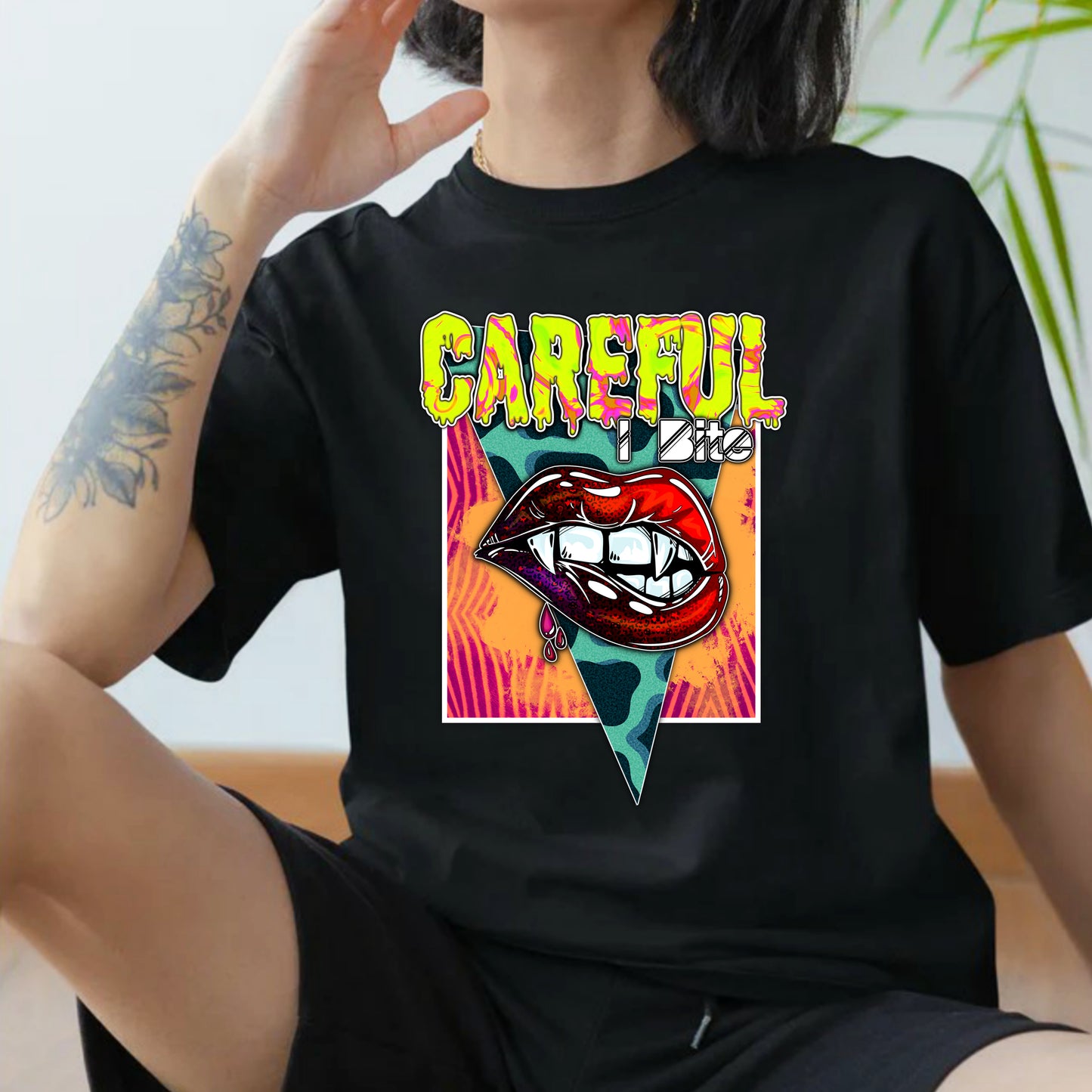 Custom Careful I Bite Vampire Fangs Lips Retro Graphic Short-Sleeve Unisex T-Shirt