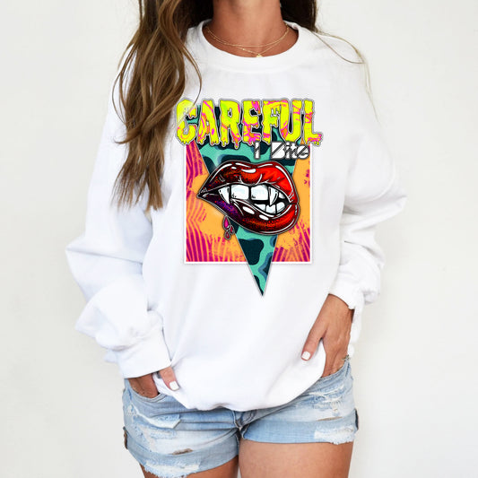 Custom Careful I Bite Vampire Fangs Lips Retro Graphic Unisex Sweatshirt