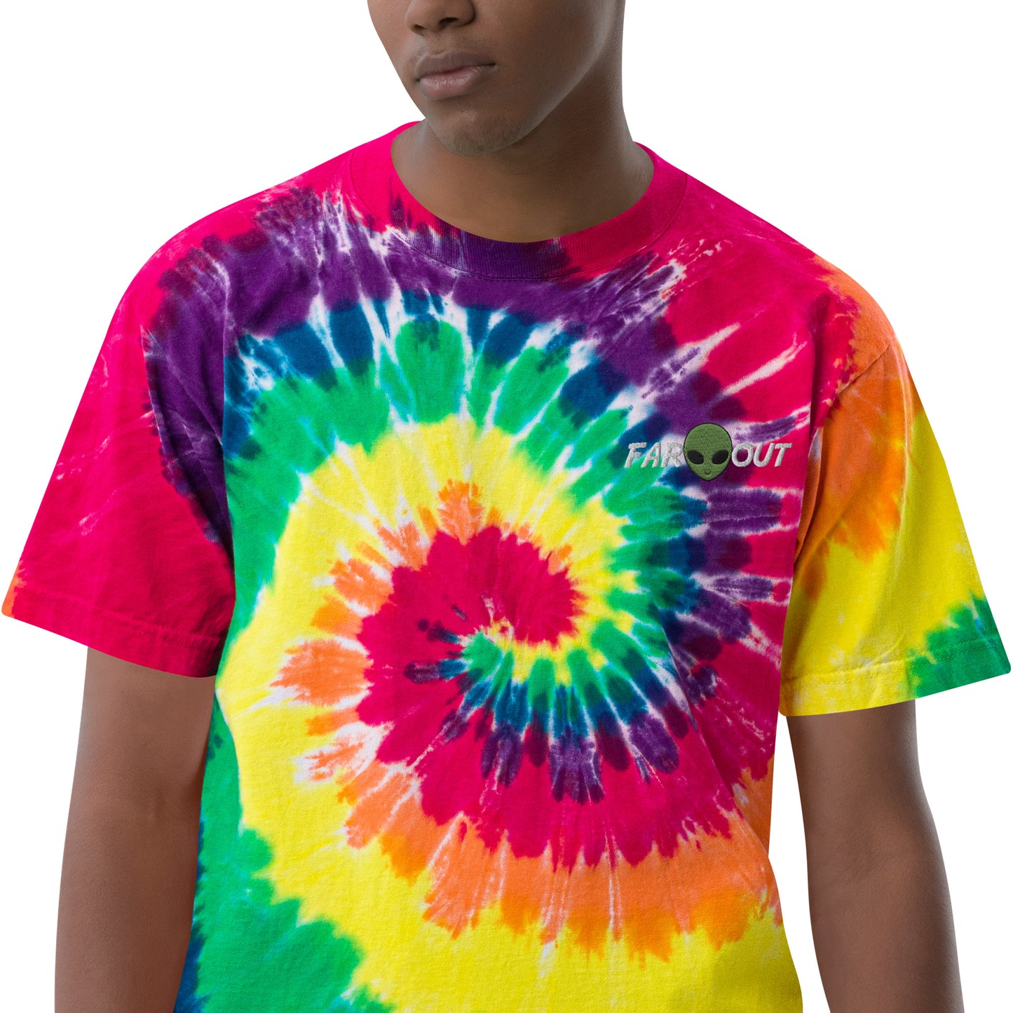 Custom Embroidered Far Out Alien Retro Graphic Oversized Tie-Dye T-Shirt