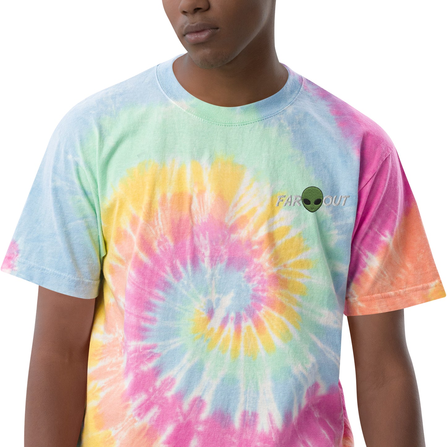 Custom Embroidered Far Out Alien Retro Graphic Oversized Tie-Dye T-Shirt