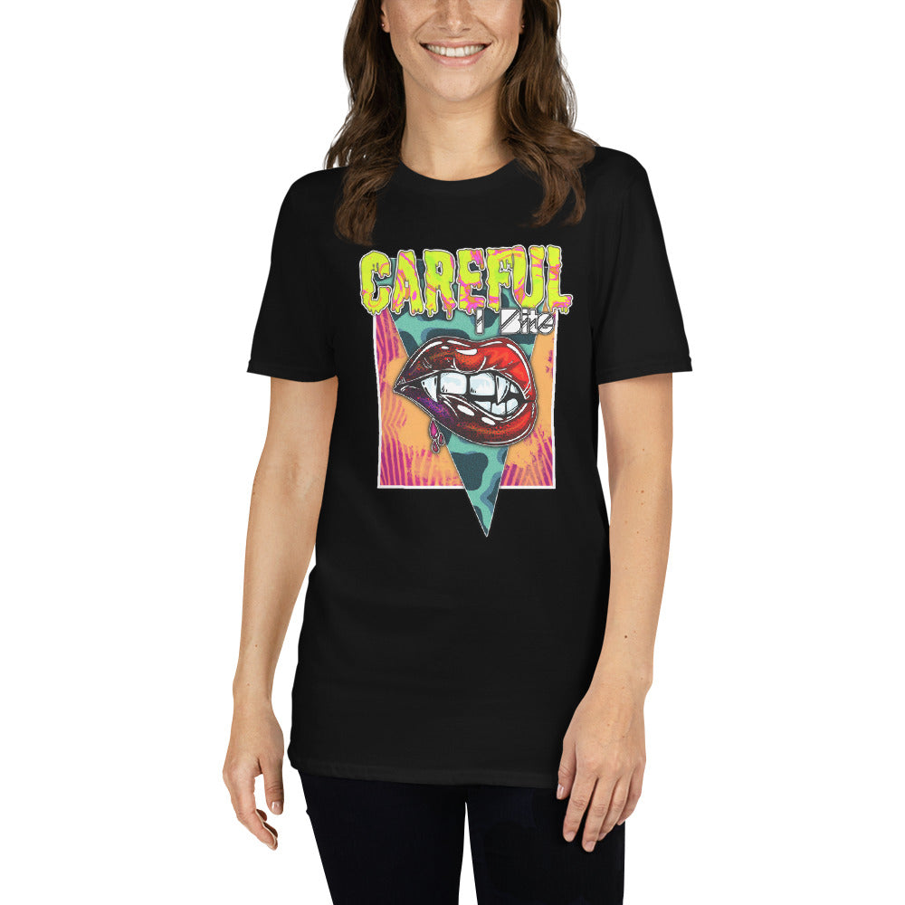 Custom Careful I Bite Vampire Fangs Lips Retro Graphic Short-Sleeve Unisex T-Shirt