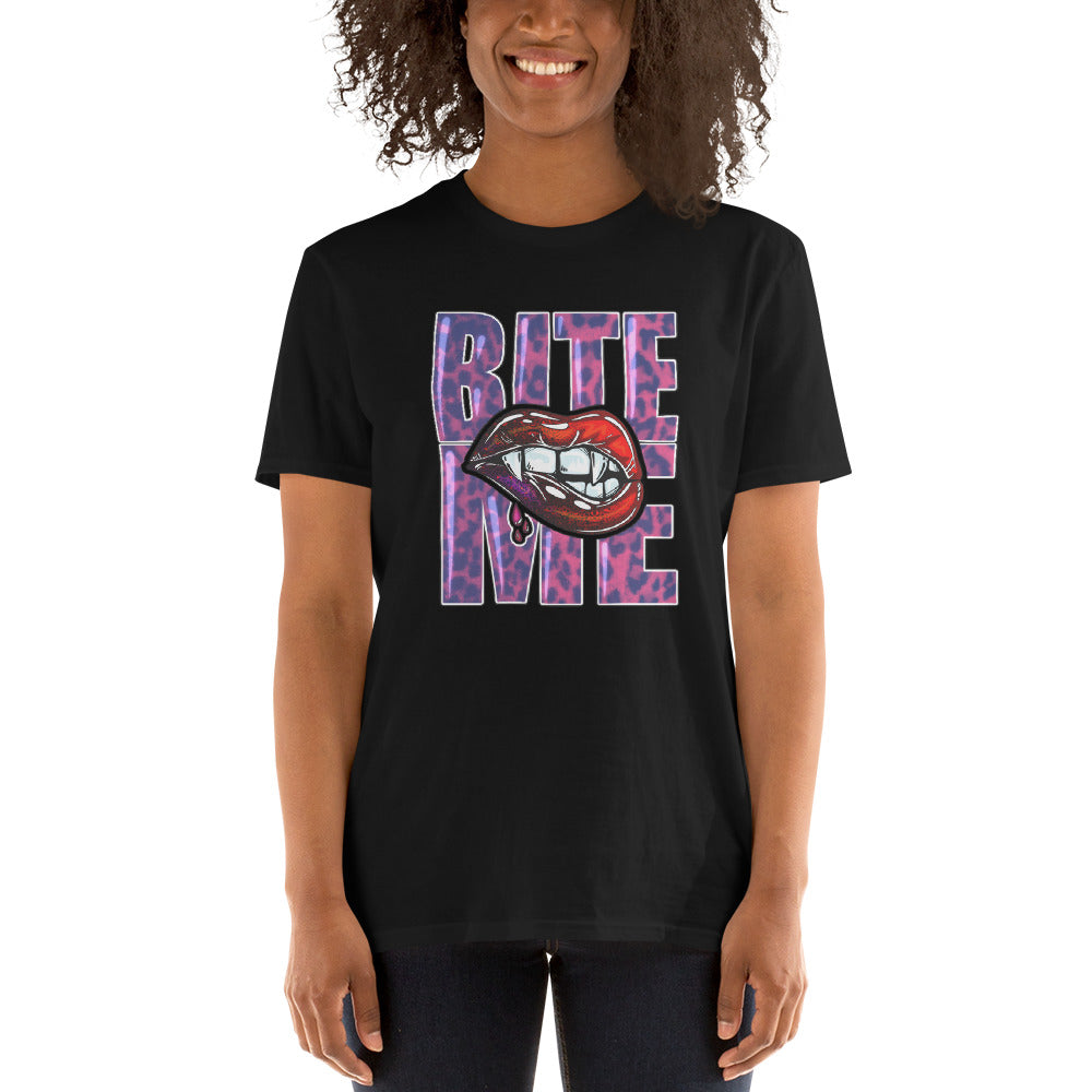 Custom Bite Me Vampire Fangs Lips Retro Graphic Short-Sleeve Unisex T-Shirt