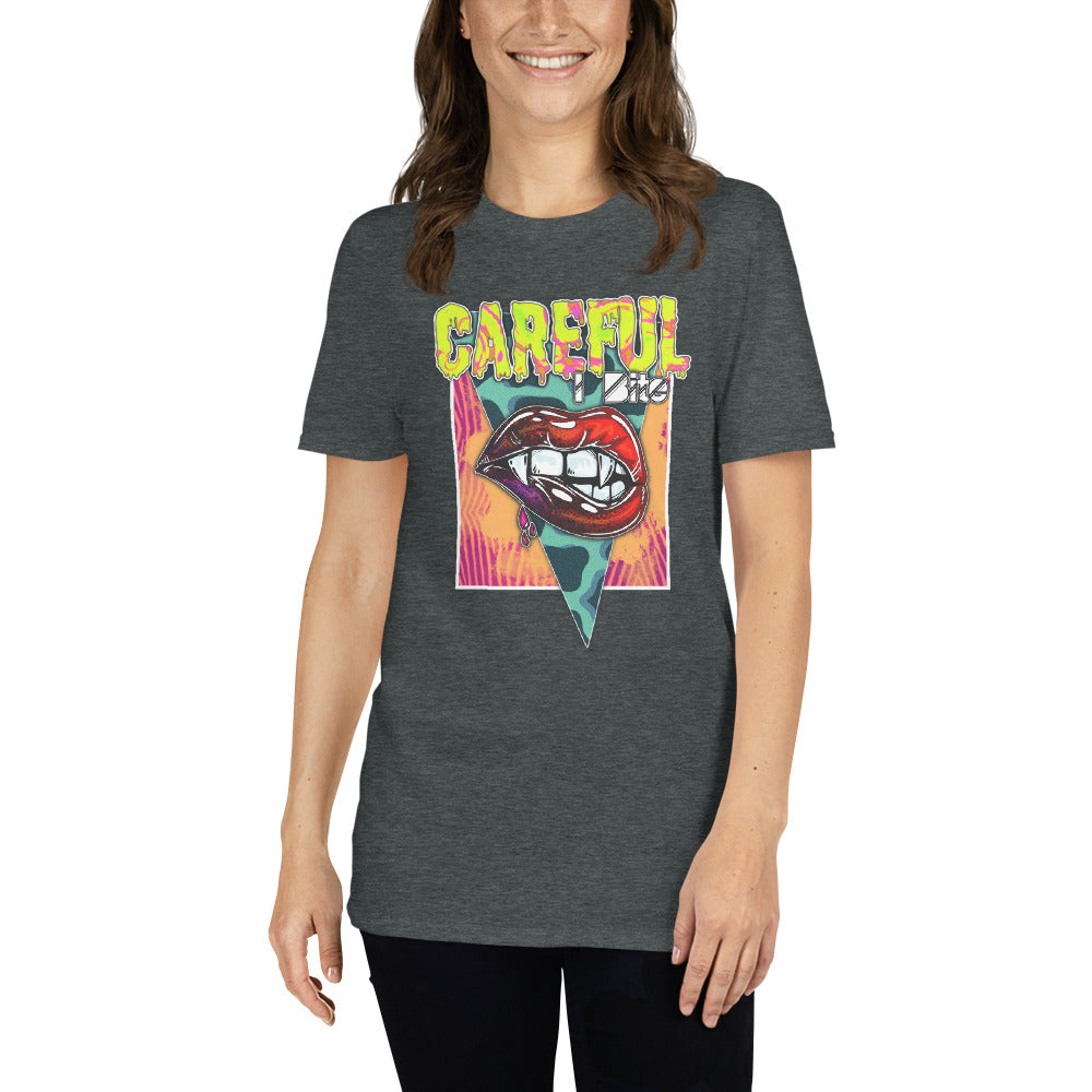 Custom Careful I Bite Vampire Fangs Lips Retro Graphic Short-Sleeve Unisex T-Shirt