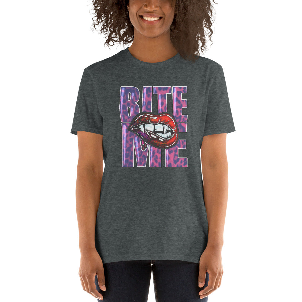 Custom Bite Me Vampire Fangs Lips Retro Graphic Short-Sleeve Unisex T-Shirt