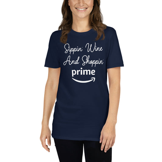 Custom Sippin' Wine And Shoppin' Prime Retro Graphic Short-Sleeve Unisex T-Shirt