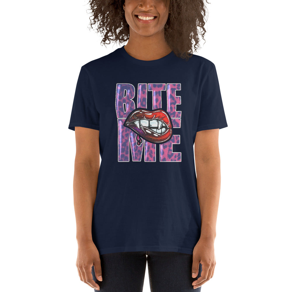 Custom Bite Me Vampire Fangs Lips Retro Graphic Short-Sleeve Unisex T-Shirt