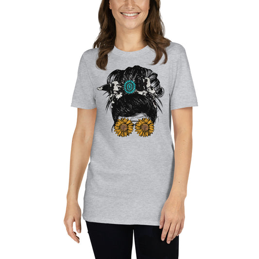 Custom Girl Bun Turquoise Cow Print Sunflower Retro Graphic Short-Sleeve Unisex T-Shirt