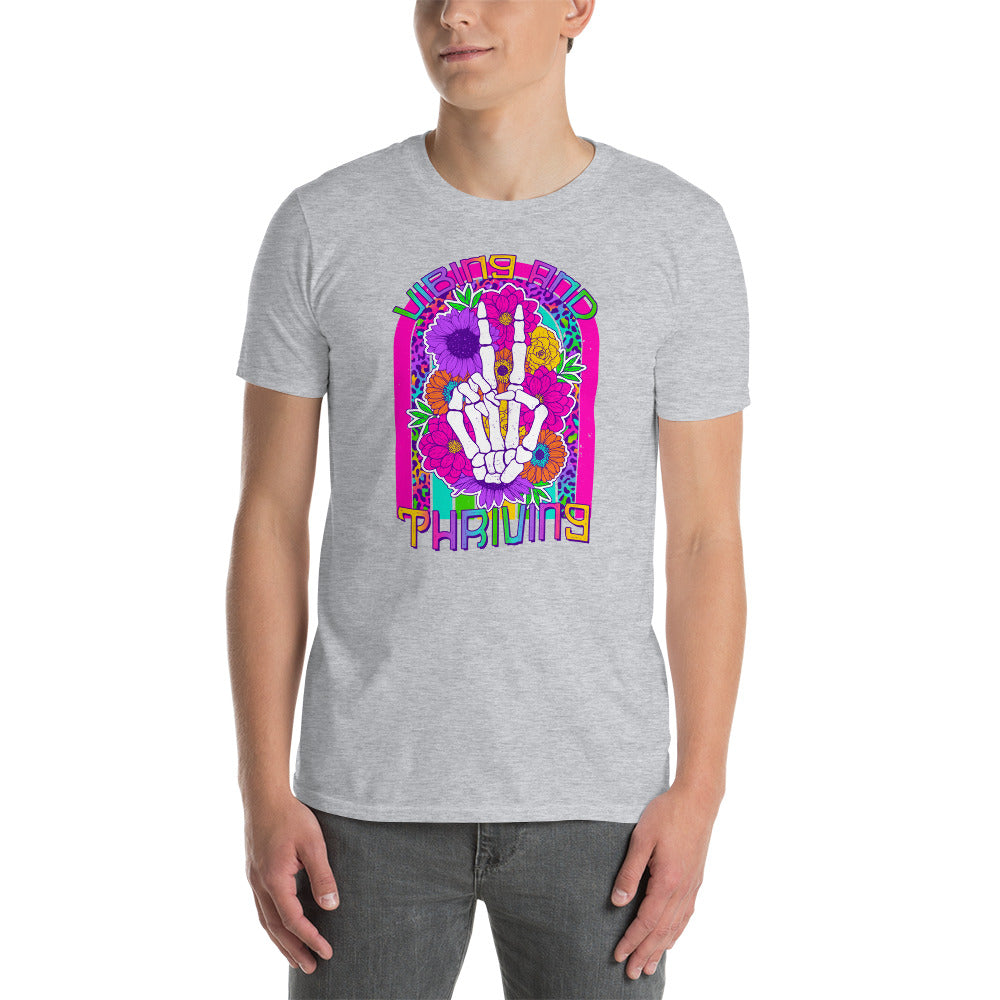 Custom Vibing and Thriving Skeleton Retro Graphic Short-Sleeve Unisex T-Shirt