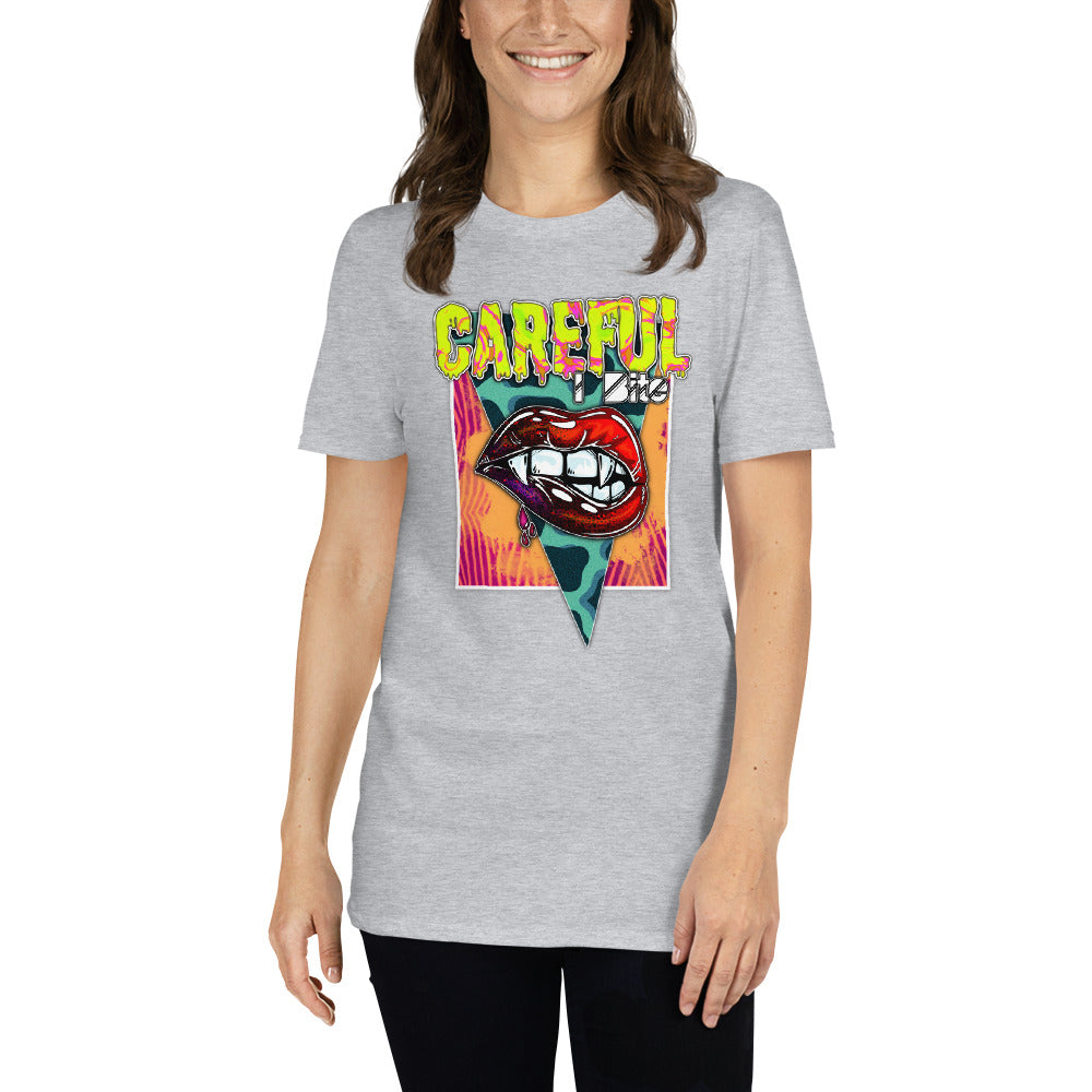 Custom Careful I Bite Vampire Fangs Lips Retro Graphic Short-Sleeve Unisex T-Shirt