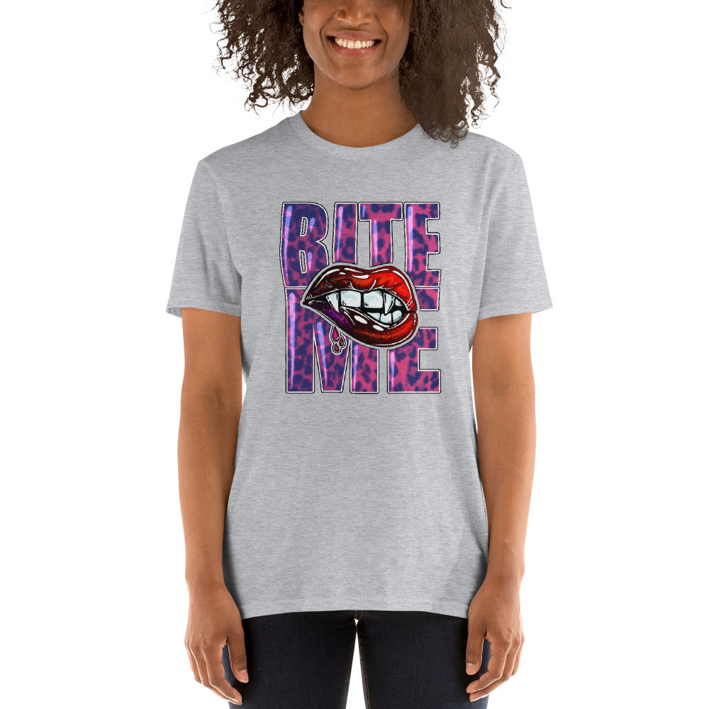 Custom Bite Me Vampire Fangs Lips Retro Graphic Short-Sleeve Unisex T-Shirt