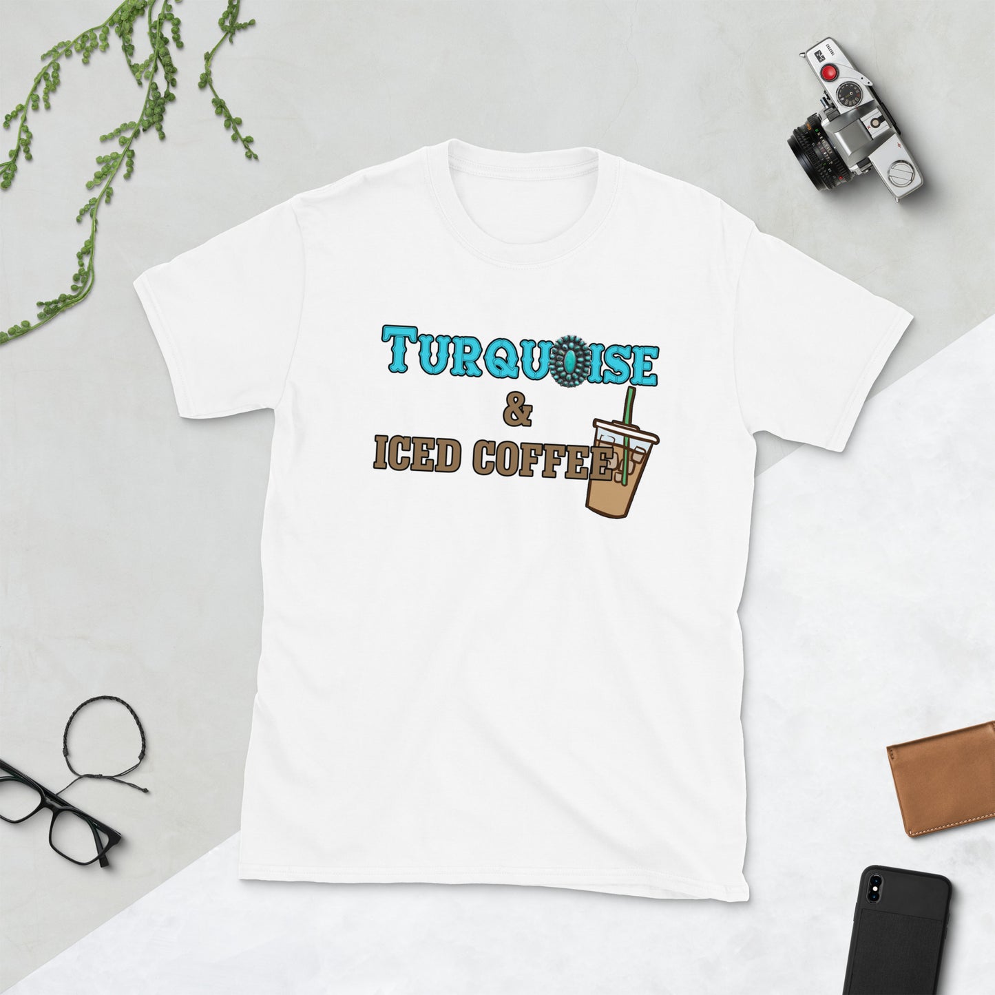 Custom Turquoise and Iced Coffee Retro Graphic Short-Sleeve Unisex T-Shirt