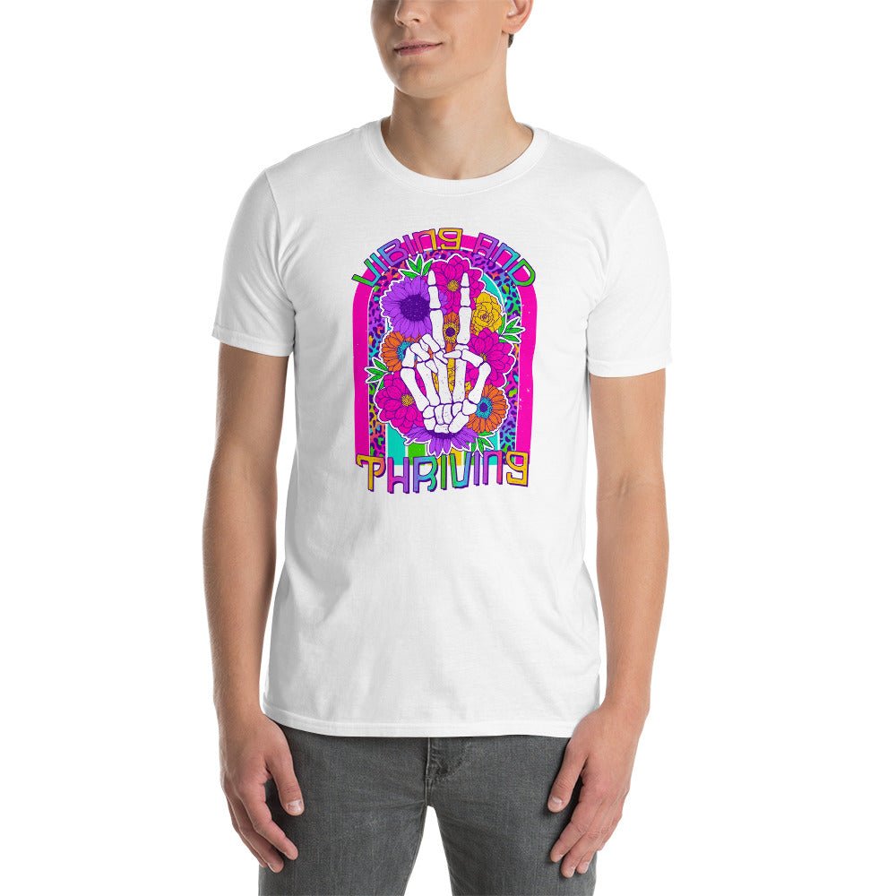Custom Vibing and Thriving Skeleton Retro Graphic Short-Sleeve Unisex T-Shirt