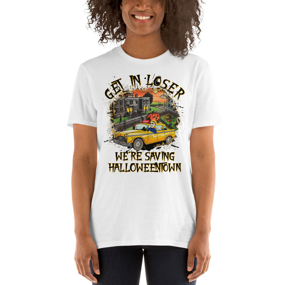 Custom Get In Loser We're Saving Halloweentown Retro Graphic Short-Sleeve Unisex T-Shirt