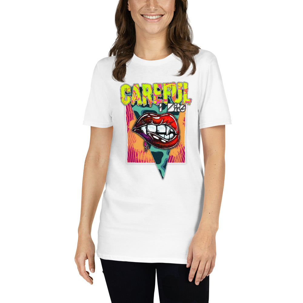 Custom Careful I Bite Vampire Fangs Lips Retro Graphic Short-Sleeve Unisex T-Shirt