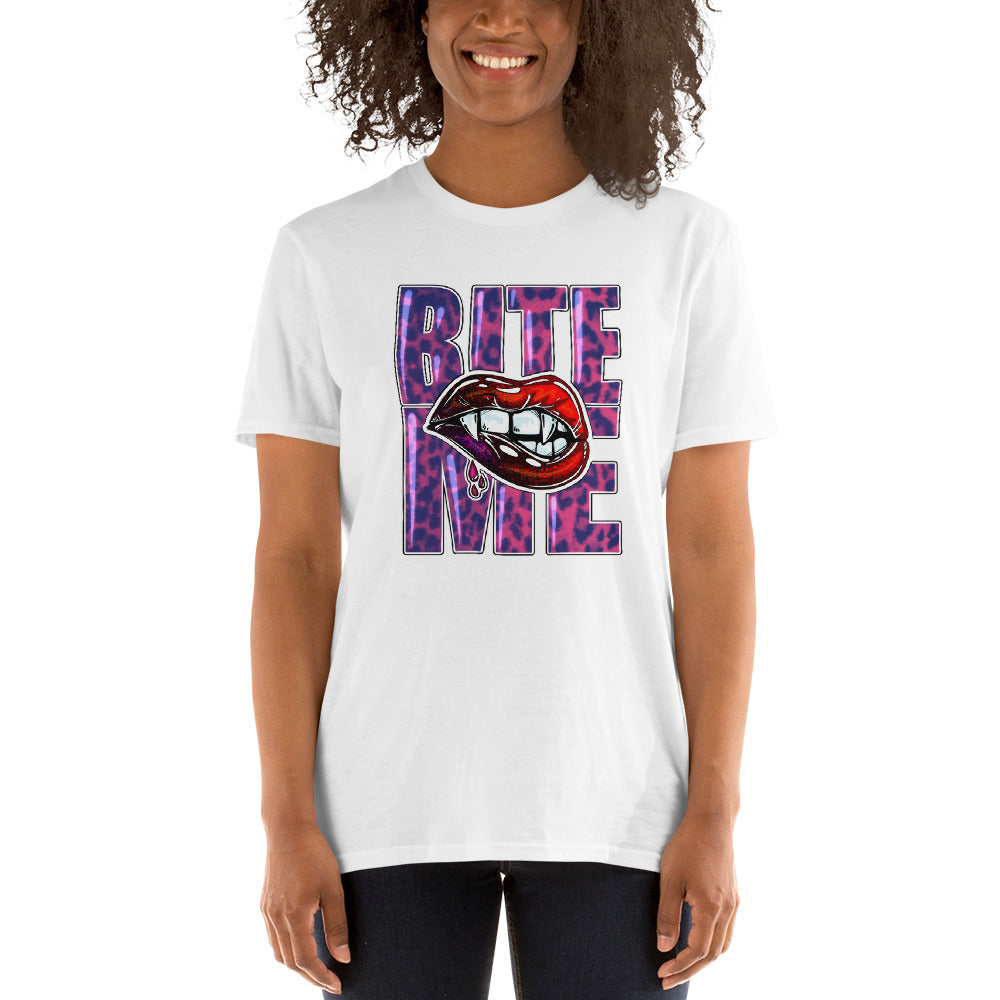 Custom Bite Me Vampire Fangs Lips Retro Graphic Short-Sleeve Unisex T-Shirt