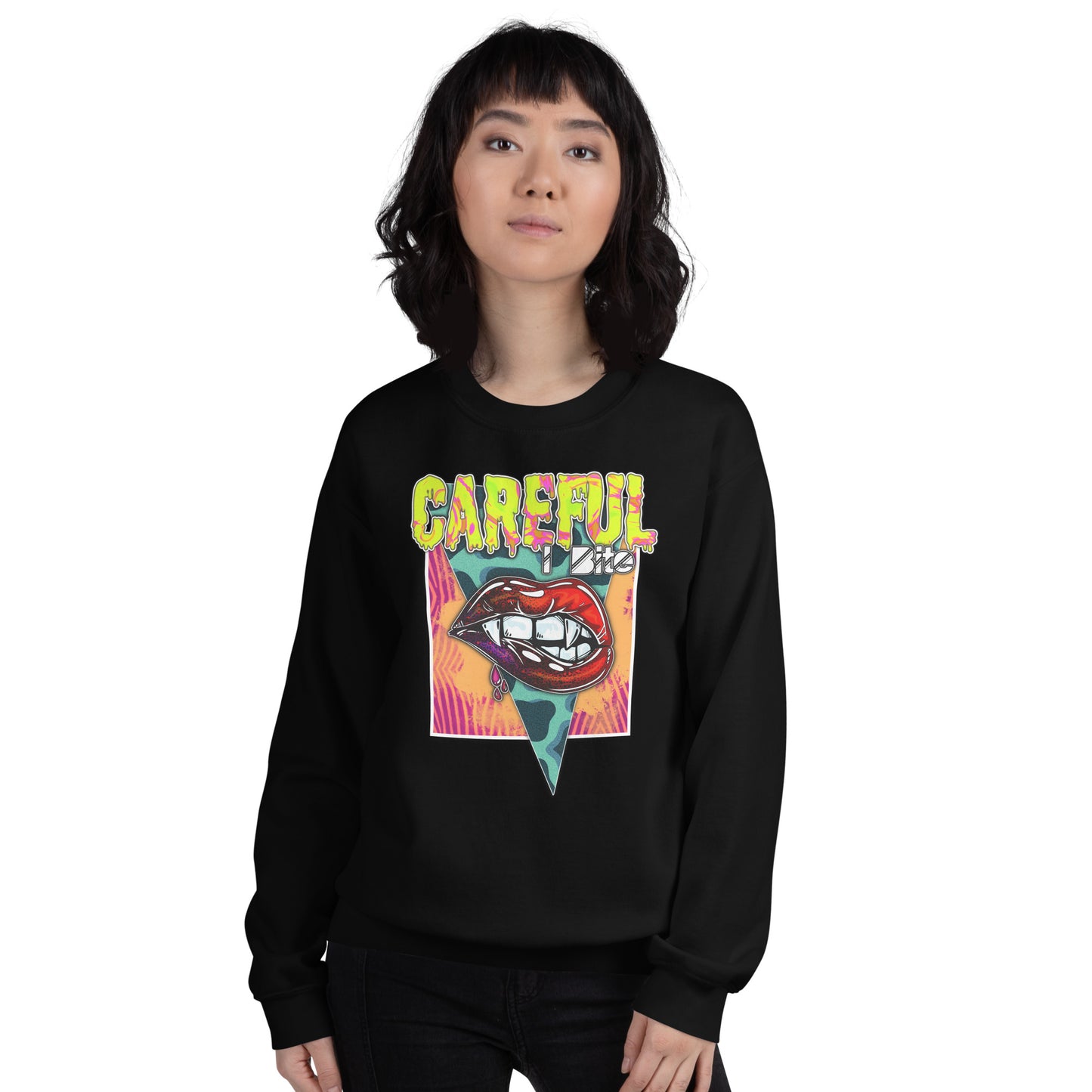 Custom Careful I Bite Vampire Fangs Lips Retro Graphic Unisex Sweatshirt