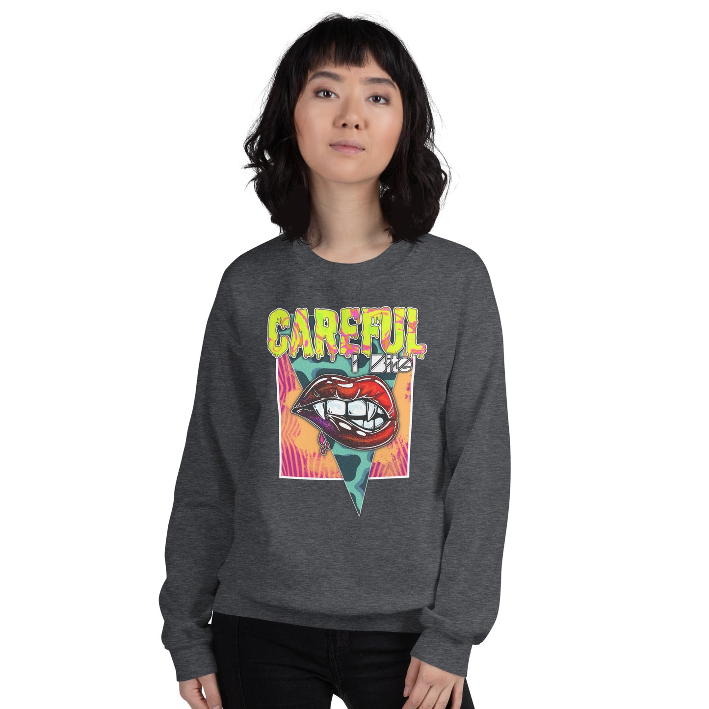 Custom Careful I Bite Vampire Fangs Lips Retro Graphic Unisex Sweatshirt