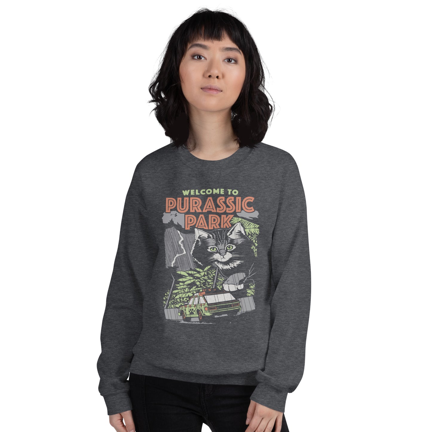 Custom Purassic Park Cat Dinosaur T-Rex Retro Graphic Unisex Sweatshirt