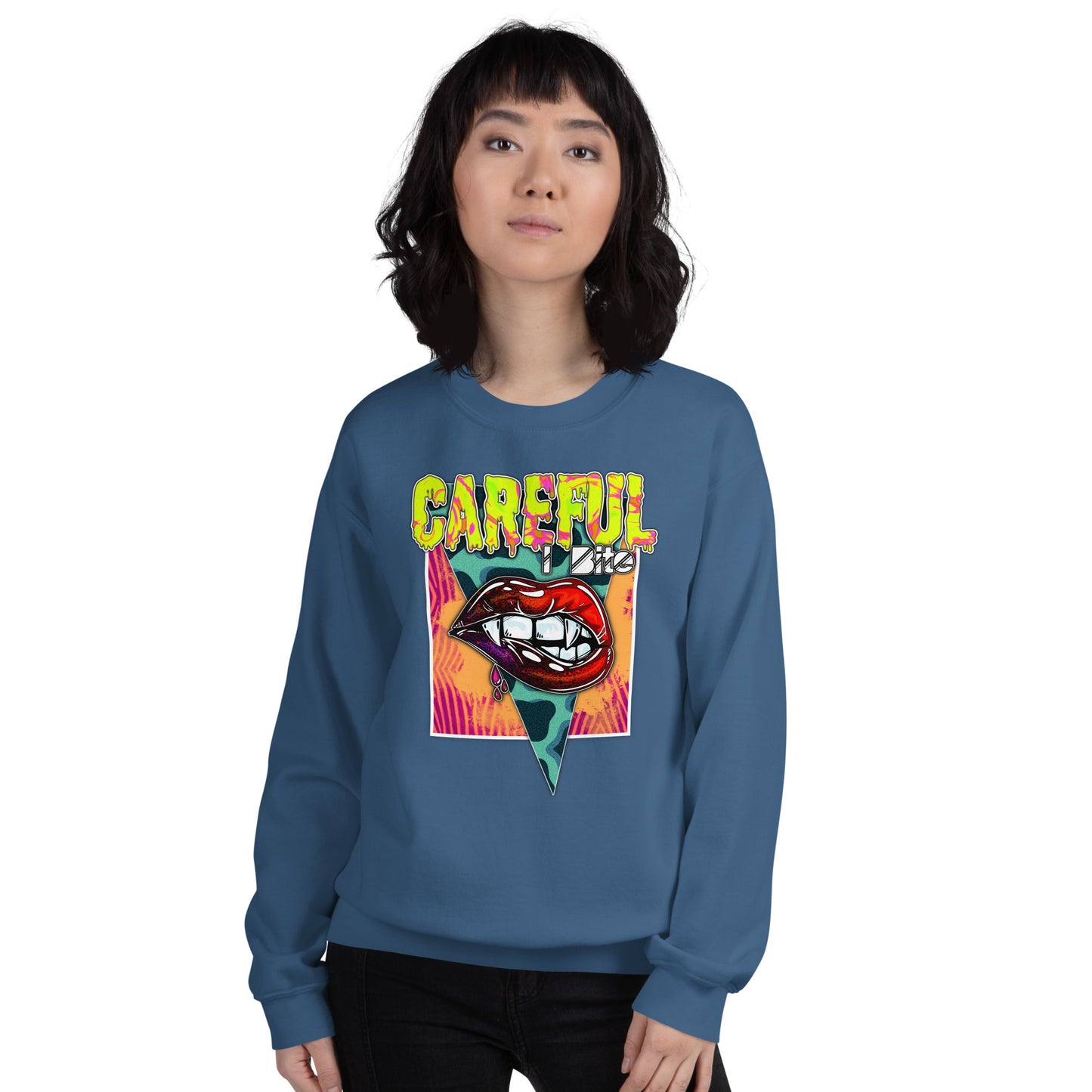 Custom Careful I Bite Vampire Fangs Lips Retro Graphic Unisex Sweatshirt