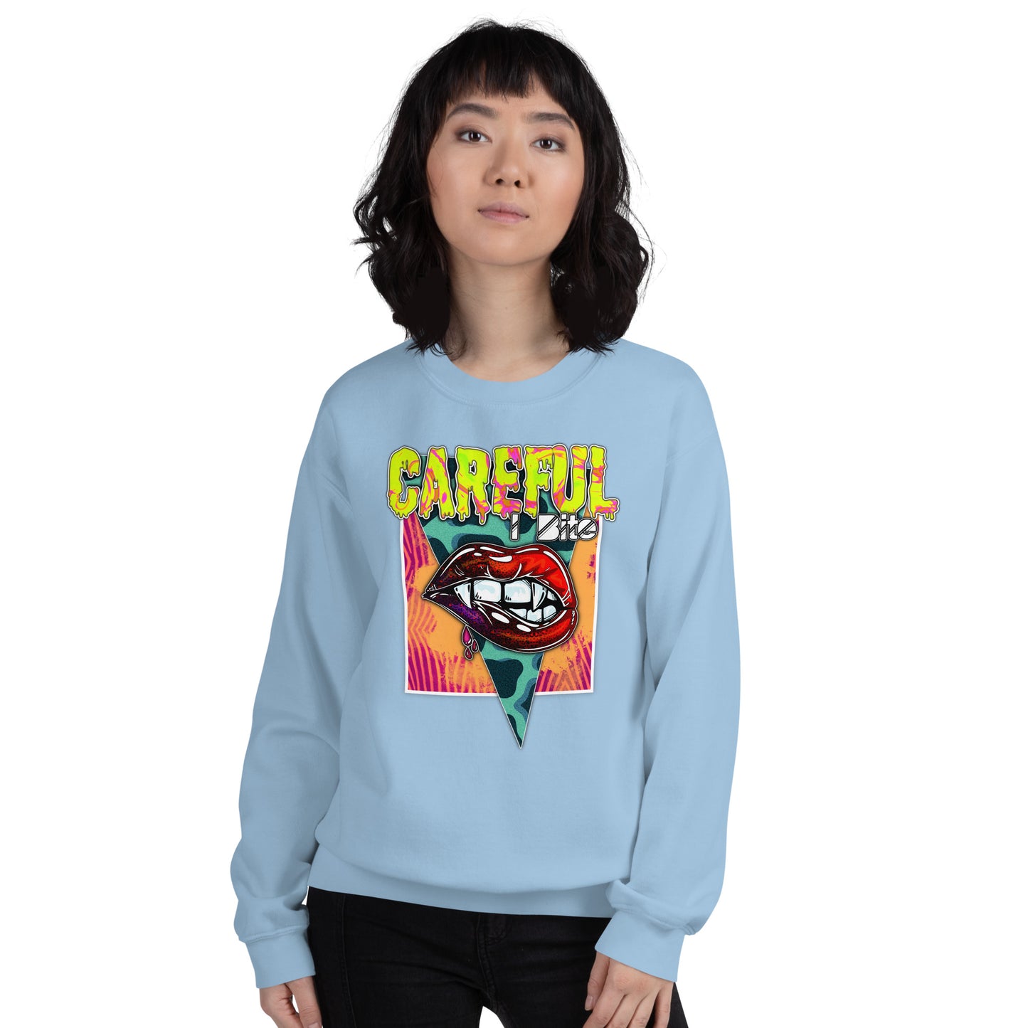 Custom Careful I Bite Vampire Fangs Lips Retro Graphic Unisex Sweatshirt