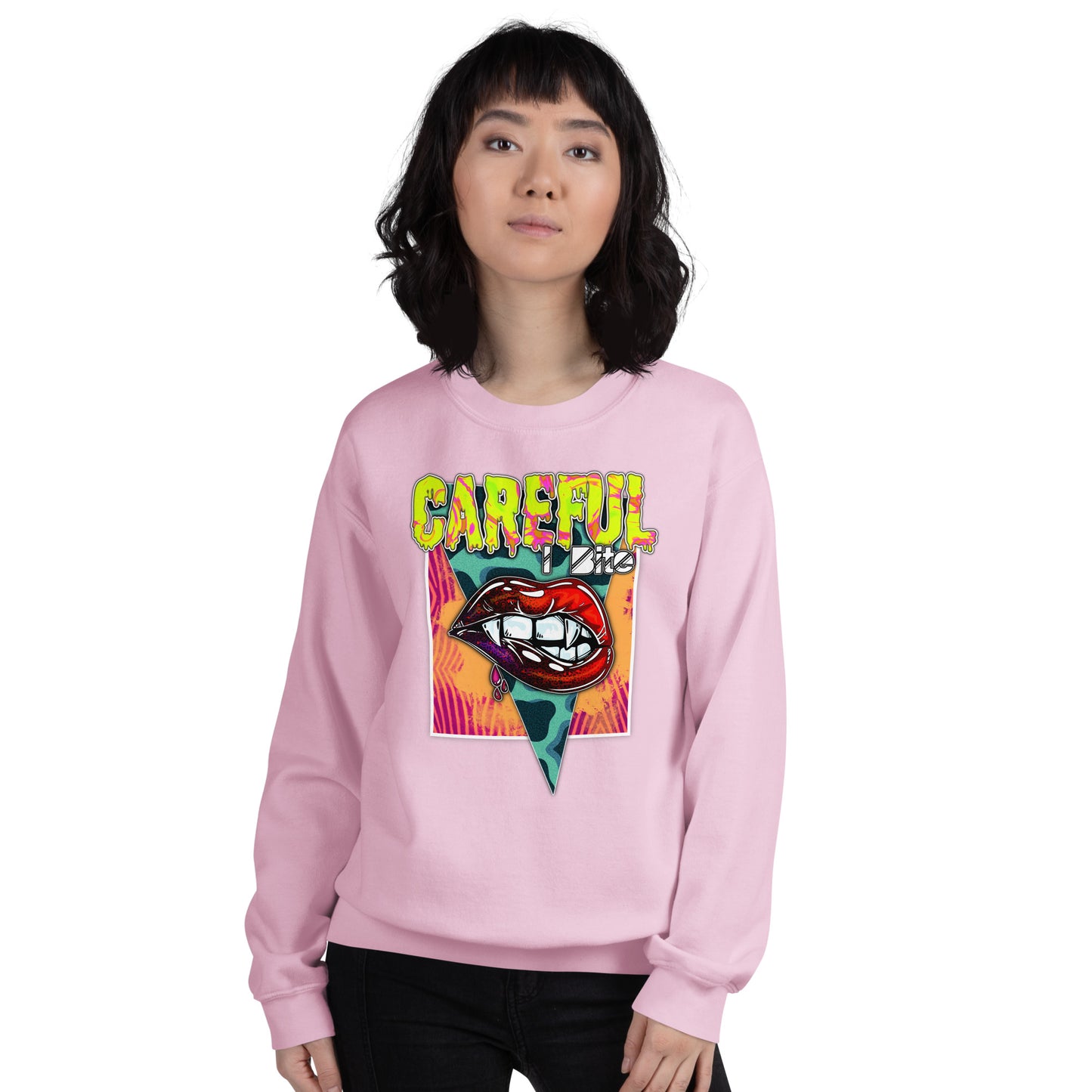 Custom Careful I Bite Vampire Fangs Lips Retro Graphic Unisex Sweatshirt