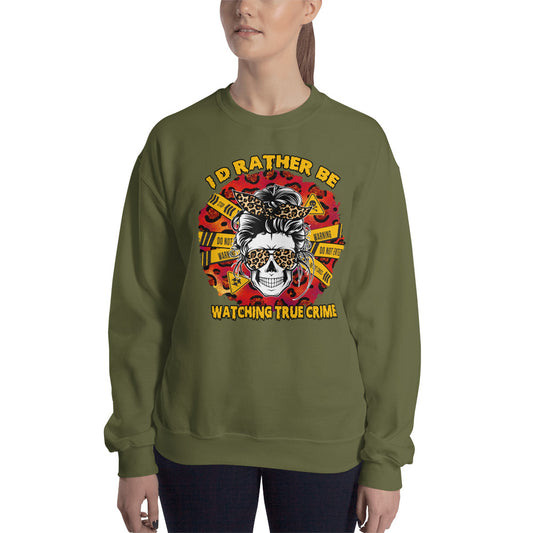 Custom I'd Rather Be Watching True Crime Skull Retro Graphic Unisex Sweatshirt