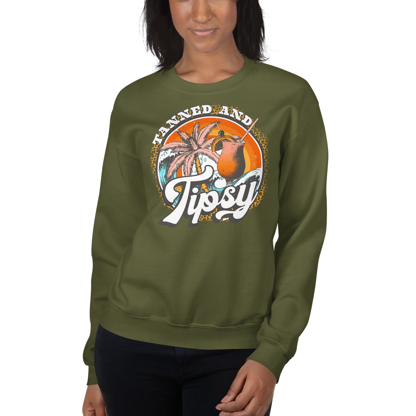 Custom Tanned and Tipsy Tropical Leopard Retro Graphic Unisex Sweatshirt