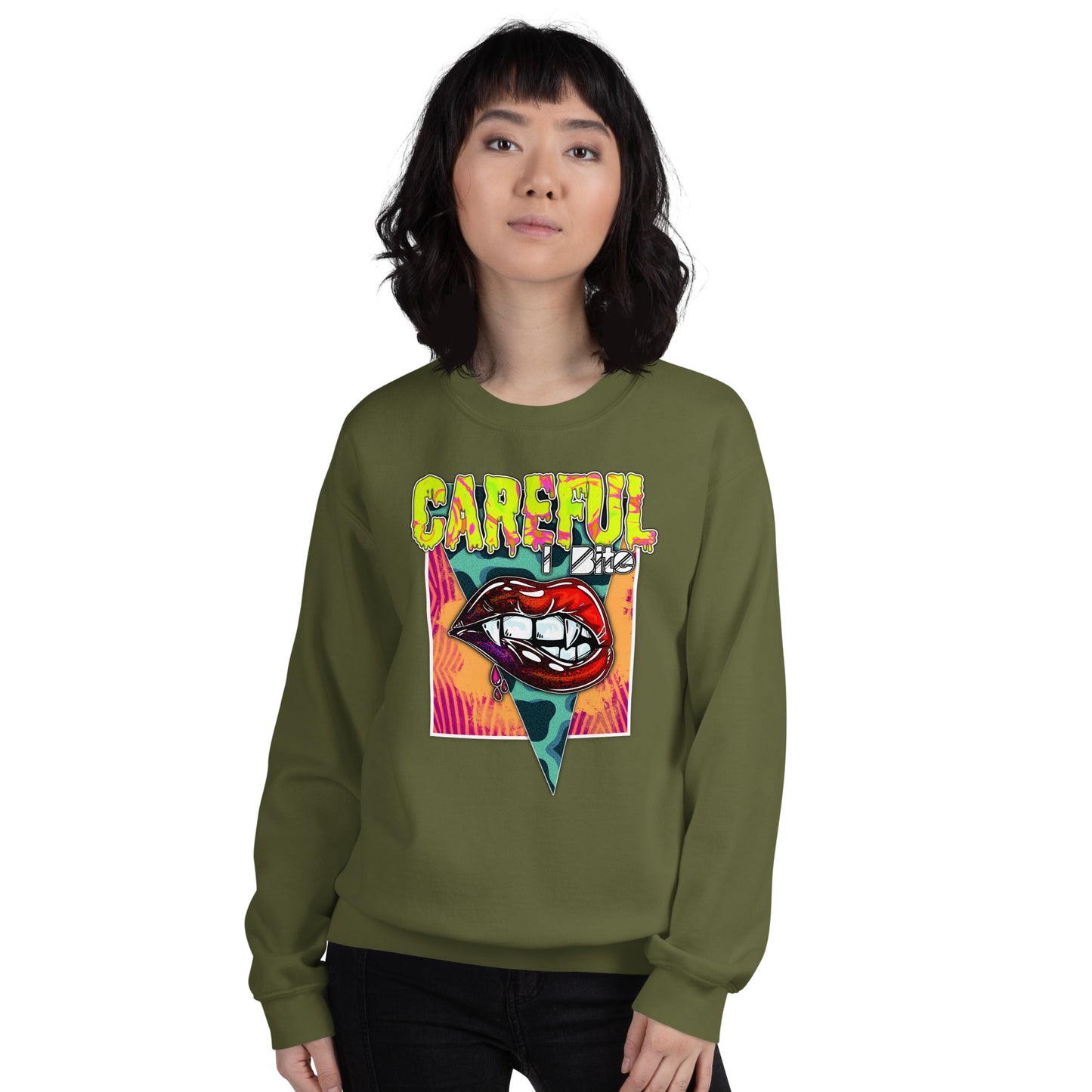 Custom Careful I Bite Vampire Fangs Lips Retro Graphic Unisex Sweatshirt