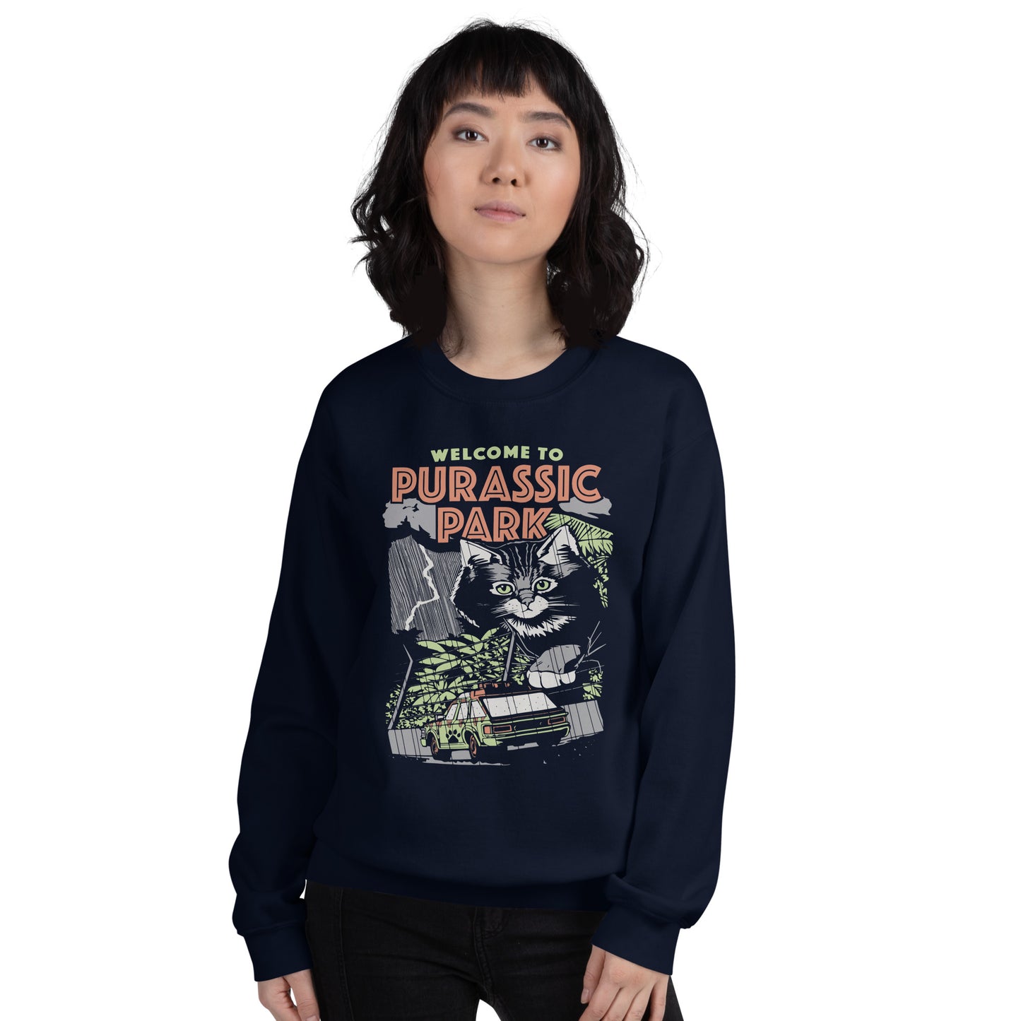 Custom Purassic Park Cat Dinosaur T-Rex Retro Graphic Unisex Sweatshirt