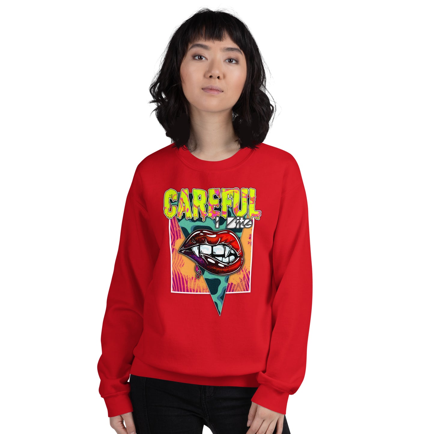 Custom Careful I Bite Vampire Fangs Lips Retro Graphic Unisex Sweatshirt