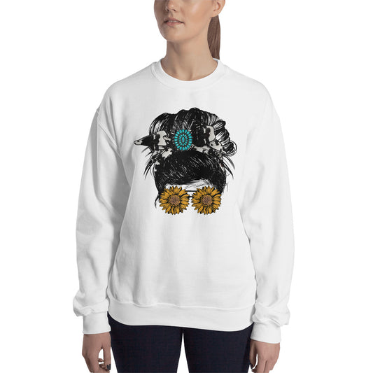 Custom Girl Bun Turquoise Cow Print Sunflower Retro Graphic Unisex Sweatshirt